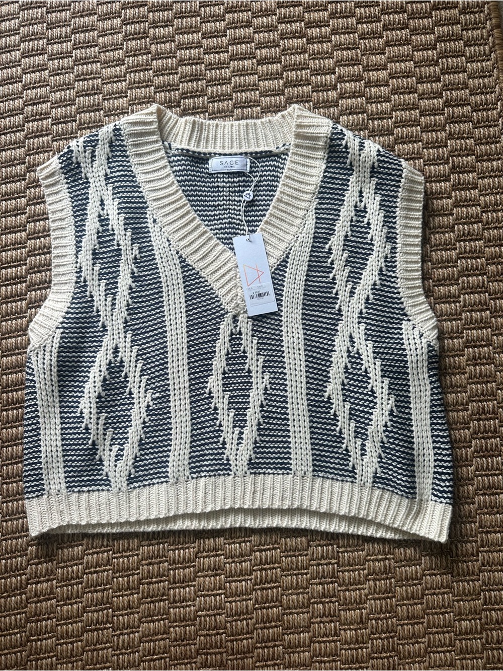 Sage Cream and Black Textured Knit V-Neck Sweater Vest